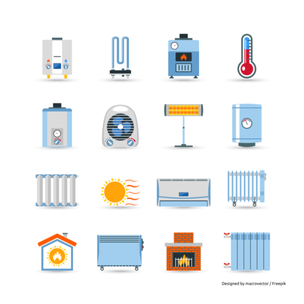Heating devices boilers radiators and emitter or fireplace flat color icon set isolated vector illustration