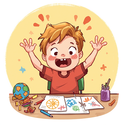 Kind am Schreibtisch Kind am Schreibtisch zwischen vielen Schreibmaterialien